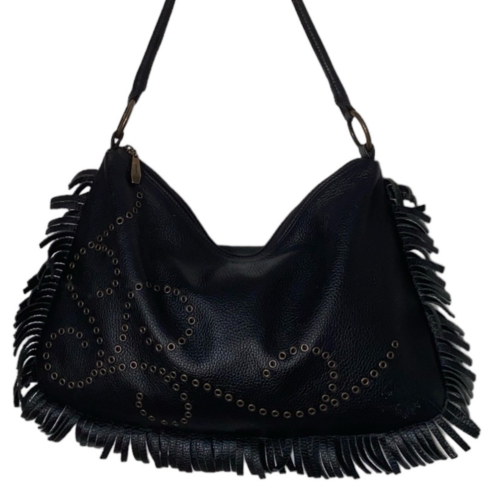 Berge vintage Black leather shoulder handbag w/grommet Fringe Made in Italy EUC